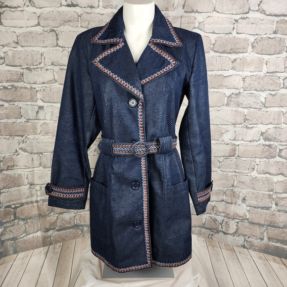 GAP Belted Denim Trench Coat  Embroidered Retro Blue Size Small - Picture 4 of 16